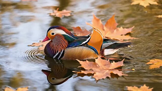 Video clip of a beautiful mandarin duck swimming through fallen maple leaves on water surface.