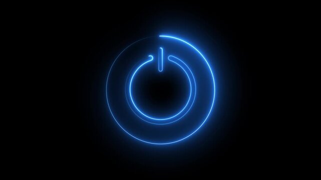 Neon glowing power button icon animated on a black background. The appearance of neon.glowing neon blue color power button animation icon turn on off start stop switch button animated .4k