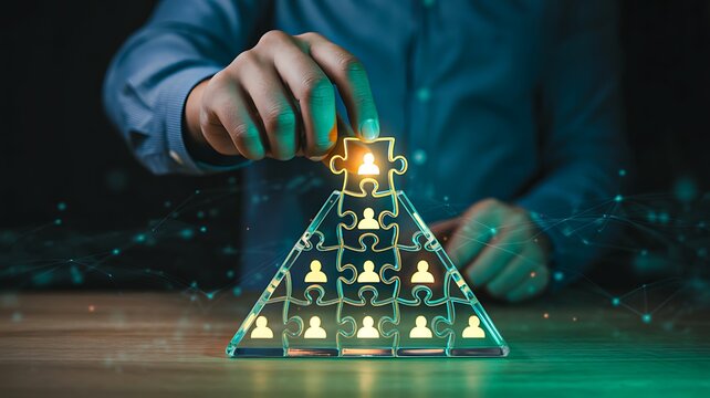 Strategic business concept with glowing puzzle pieces forming a pyramid symbolizing teamwork and success