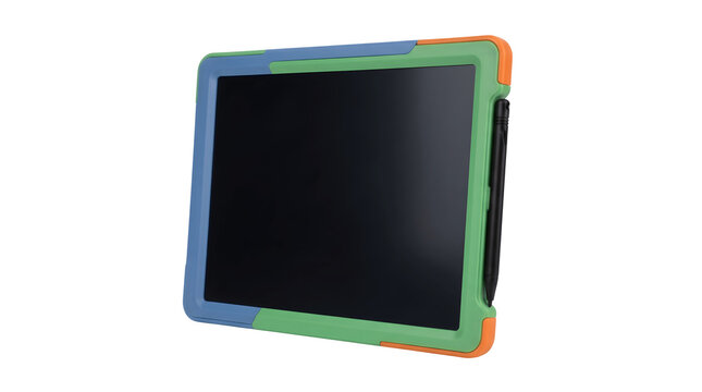 Rugged kids tablet with colorful protective bumper case. Durable educational learning device for children. Digital touchscreen computer with stylus.