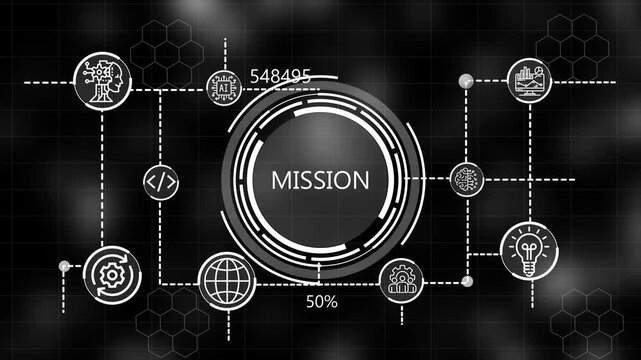  A glowing icon, and manufacturing process mission all connected in a digital circuit like pattern. dark tech setting shows smart technology,  interface, marketing strategy.