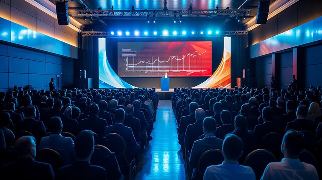 Business conference presentation with audience stage and large financial chart
