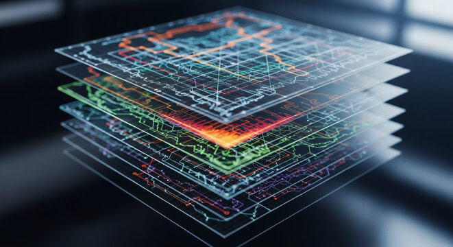 Stacked digital data layers with glowing circuit patterns and grids