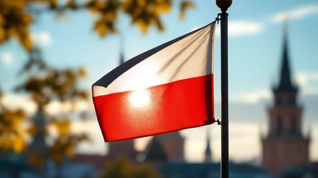 Polish flag waving on pole with blurred European city background