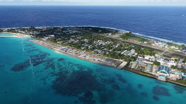 Aerial view from central Fongafale toward northern Funafuti Atoll, Tuvalu