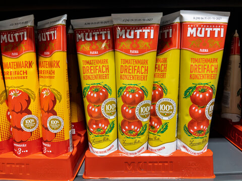 Mutti Tomato Paste in Squeeze Tubes on Store Shelf