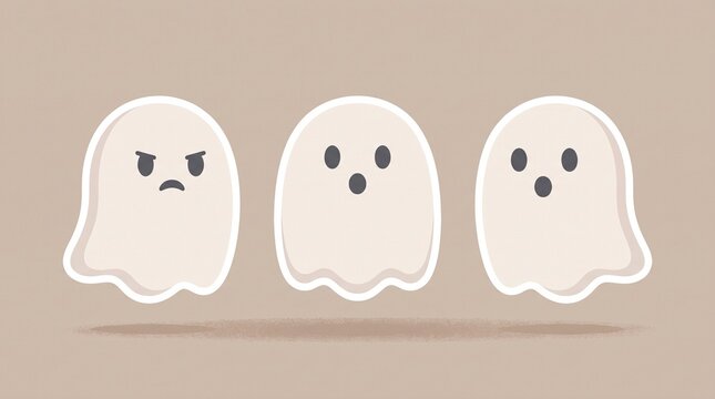 Three cute flat style ghosts featuring one angry and two surprised facial expressions set against a simple beige background illustration