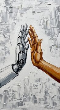 Human and robot high five partnership concept depicted in modern textured impasto oil painting on abstract grey background