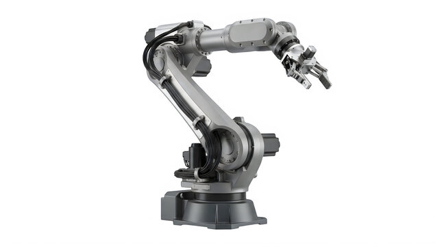 Robotic arm stands ready to perform precision tasks in a modern factory setting.