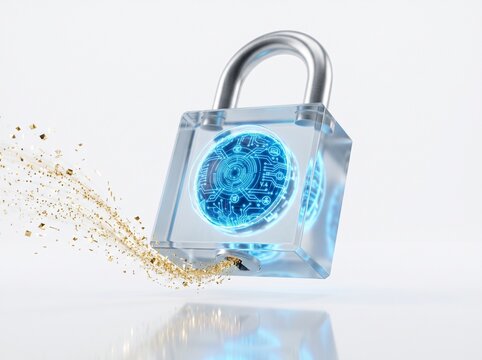 Photorealistic 3D render of a glass padlock with a glowing neon blue hologram data core, isolated on a white background.