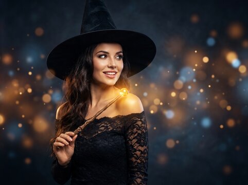 Beautiful woman wearing black witch hat holding glowing magic wand while smiling against dark background with golden sparkling light bokeh