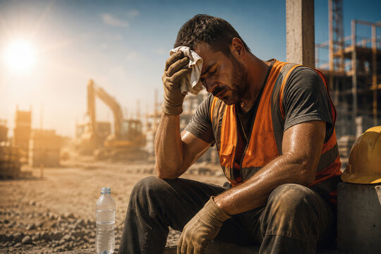Exhausted Construction Worker Resting in Extreme Heat on Building Site