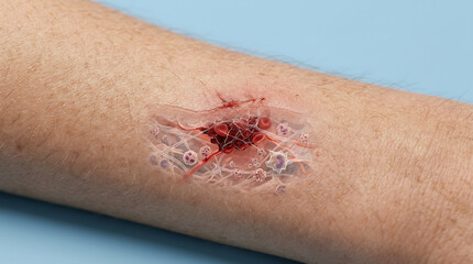 Fototapeta premium Microscopic 3D medical illustration of skin wound healing and blood