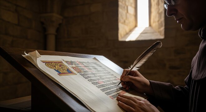 Medieval scribe meticulously copying ancient illuminated manuscript in dimly lit stone chamber