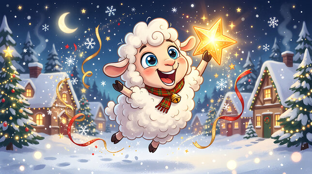 An incredibly excited cartoon sheep jumping in the air with tiny hooves raised, enormous sparkling eyes and a huge joyful smile, holding a glowing golden Christmas star, fluffy wool bouncing with move