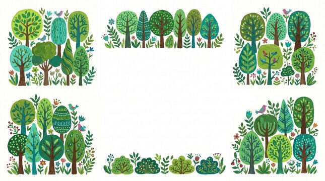 Art style illustration set of green forest corners and borders frame with stylized trees, decorative botanical foliage border templates for copy space.