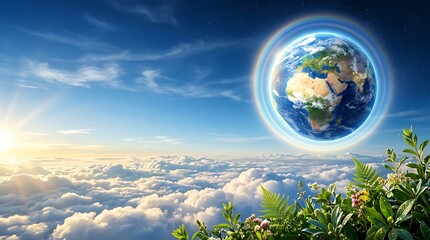 Naklejka premium World Ozone Day concept with Earth protected by glowing atmosphere