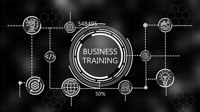  A glowing icon, and manufacturing process business training  all connected in a digital circuit like pattern. dark tech setting shows smart technology,  interface, marketing strategy.