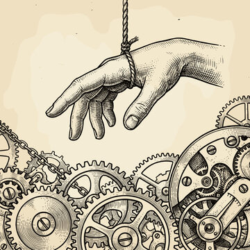 Hand Tied With Rope Above Vintage Clockwork Gears