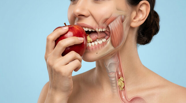 Anatomical illustration of a person biting a red apple showing the