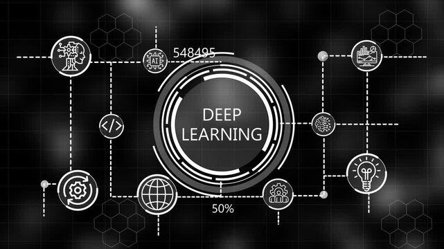  A glowing icon, and manufacturing process deep learning  all connected in a digital circuit like pattern. dark tech setting shows smart technology,  interface, marketing strategy.