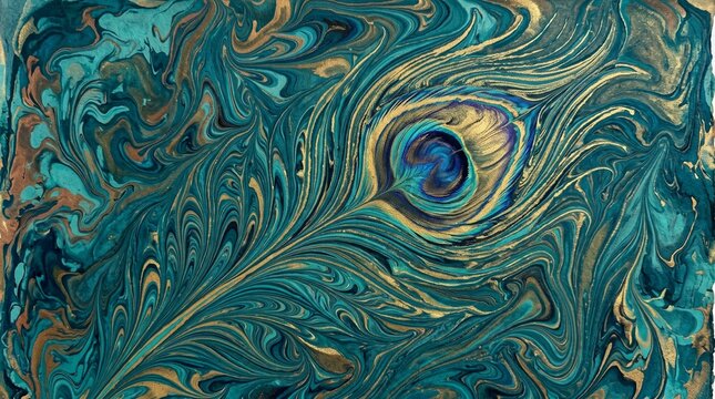 Ebru art marble texture with golden peacock feather pattern in turquoise and blue colors
