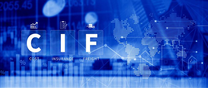 CIF Cost Insurance Freight incoterms concept. CIF digital virtual screen for global trade shipping and logistics business, incoterms international shipping concept. not ai