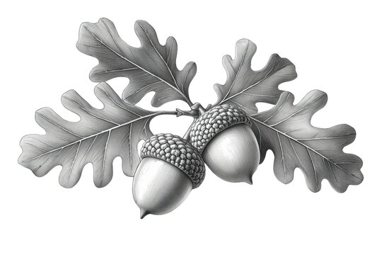 Silver gray oak twig with two acorns and broad lobed leaves