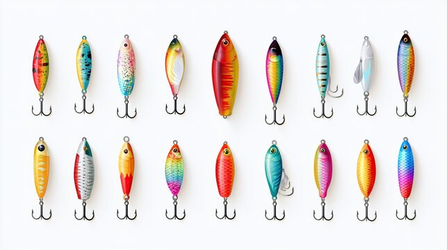 Colorful Fishing Lures Collection with Hooks on White Background