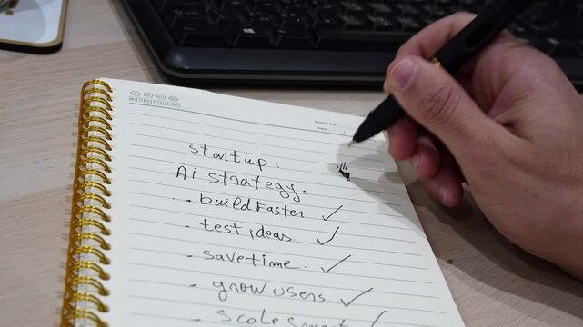 Close-up of a hand scribbling beside handwritten AI startup strategy notes in a spiral notebook on an office desk, with a computer keyboard in the background.