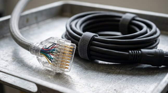 Records connector cable resting beside a coiled cable set on a dispatch tray