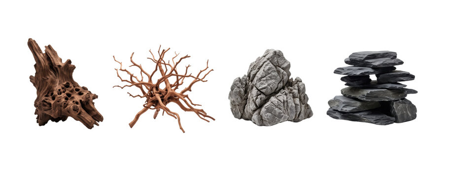 Aquarium landscaping hardscape natural elements set with driftwood and stones