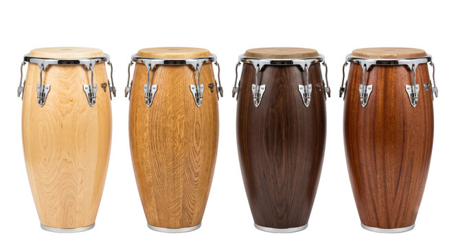Collection of traditional wooden conga drums in various wood finishes