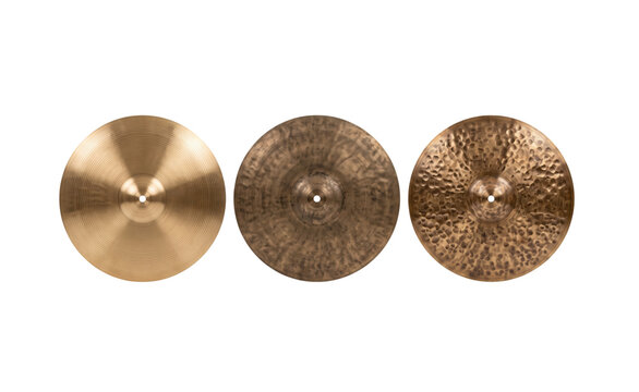 Set of professional bronze drum cymbals in different finishes