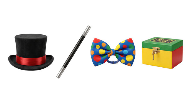 Magician performance props set with top hat wand bowtie trick box