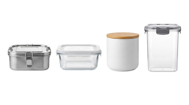 Set of eco friendly food storage containers in glass steel ceramic plastic