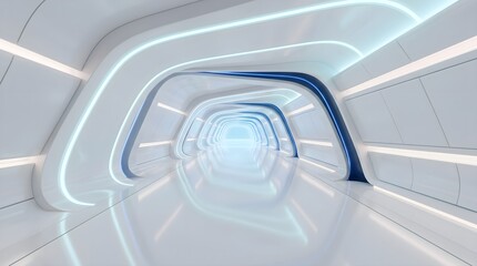 Obraz premium Futuristic white corridor with neon lights, modern spaceship interior hallway, sci-fi laboratory tunnel with glowing blue accents