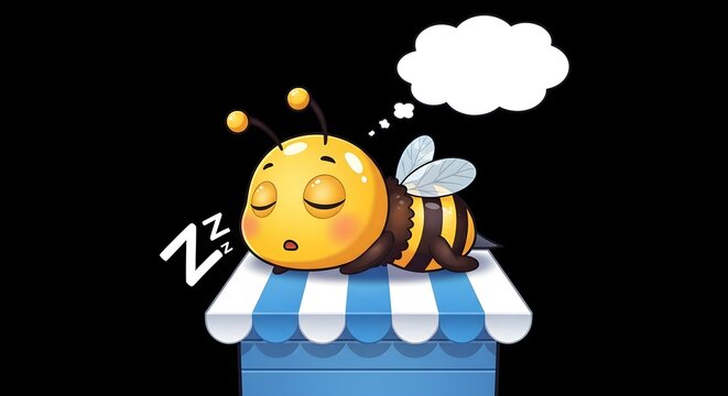Cute cartoon bee sleeping peacefully on a blue and white striped surface with a blank thought bubble.