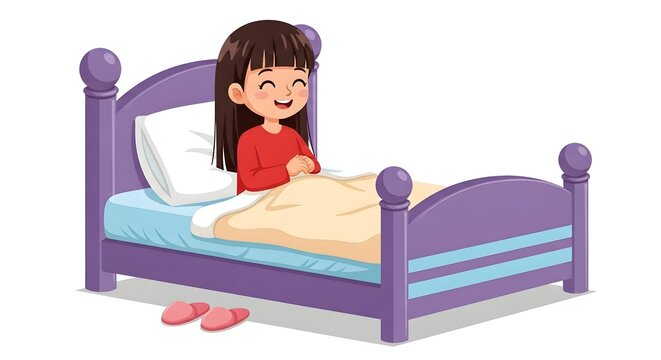 Cute cartoon girl sitting in bed praying before sleeping with pink slippers on floor.