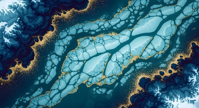 Aerial view of a braided river system with intricate blue channels and golden sediment banks.