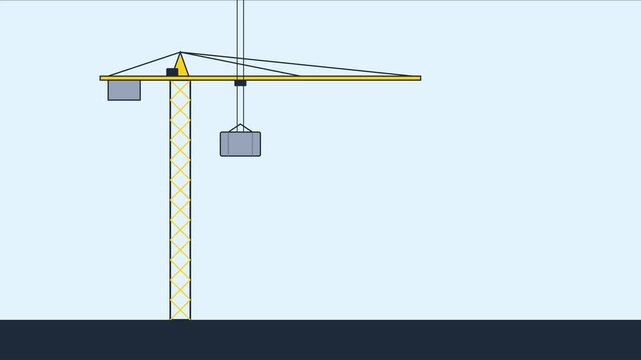 Animated construction crane lifting heavy load, industrial site development concept, minimalist 2 d for engineering projects animation 4k