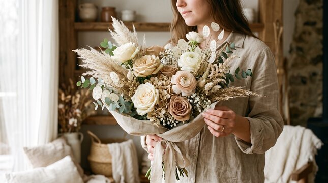 Woman holding a rustic beige flower bouquet