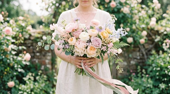 Woman holding a pastel wedding flower bouquet in a garden