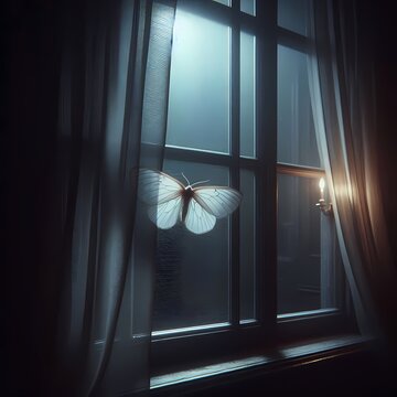 A window left open a crack at night, a moth on the screen, moonlight entering the dark room, Ai generated image