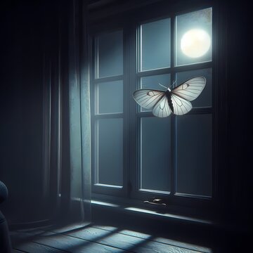 A window left open a crack at night, a moth on the screen, moonlight entering the dark room, Ai generated image