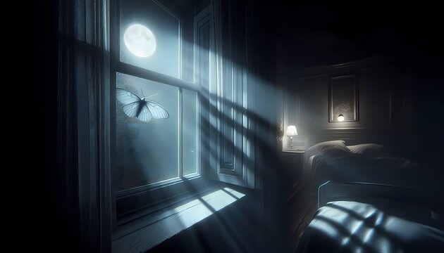 A window left open a crack at night, a moth on the screen, moonlight entering the dark room, Ai generated image