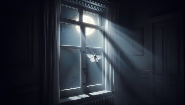A window left open a crack at night, a moth on the screen, moonlight entering the dark room, Ai generated image