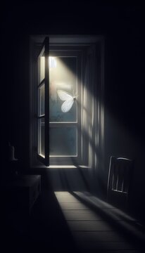 A window left open a crack at night, a moth on the screen, moonlight entering the dark room, Ai generated image