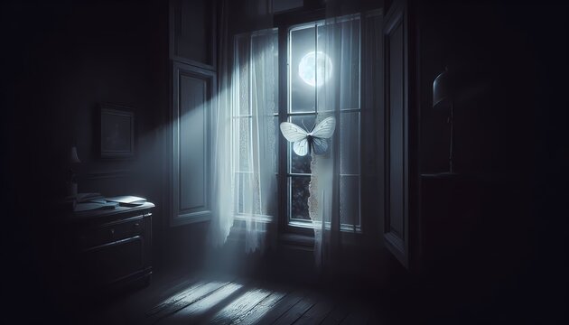 A window left open a crack at night, a moth on the screen, moonlight entering the dark room, Ai generated image