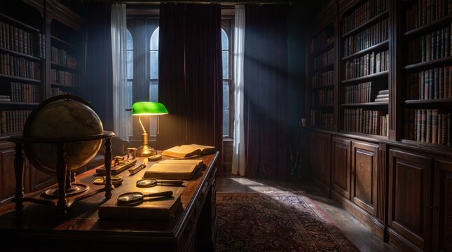Classic Library Study with Desk, Globe, Books and Dramatic Light
